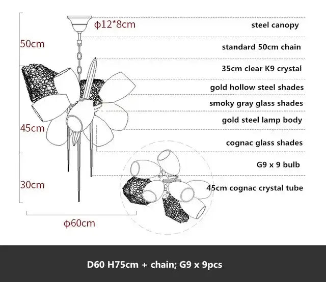 Modern gold decorbites crystal duplex chandelier with steel and smoky gray glass shades suspended by a 50cm chain