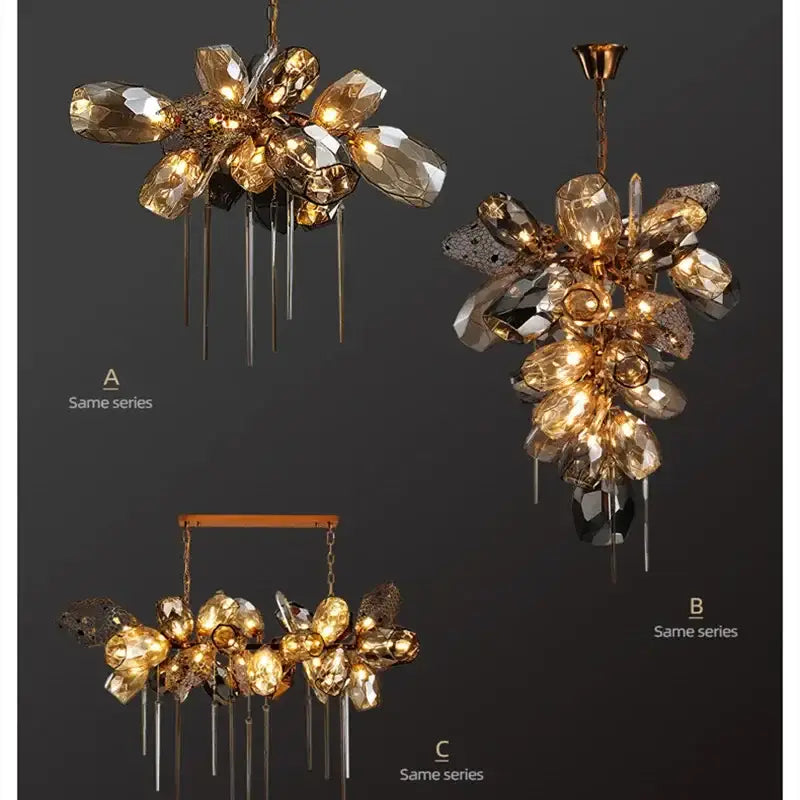 Modern gold decorbites crystal duplex chandelier with faceted flower-like crystals and dangling metallic rods for living room use