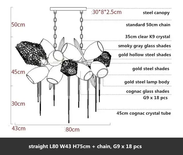 Modern gold decorbites crystal duplex chandelier with steel canopy gold shades smoky gray and cognac glass elements suspended by chains