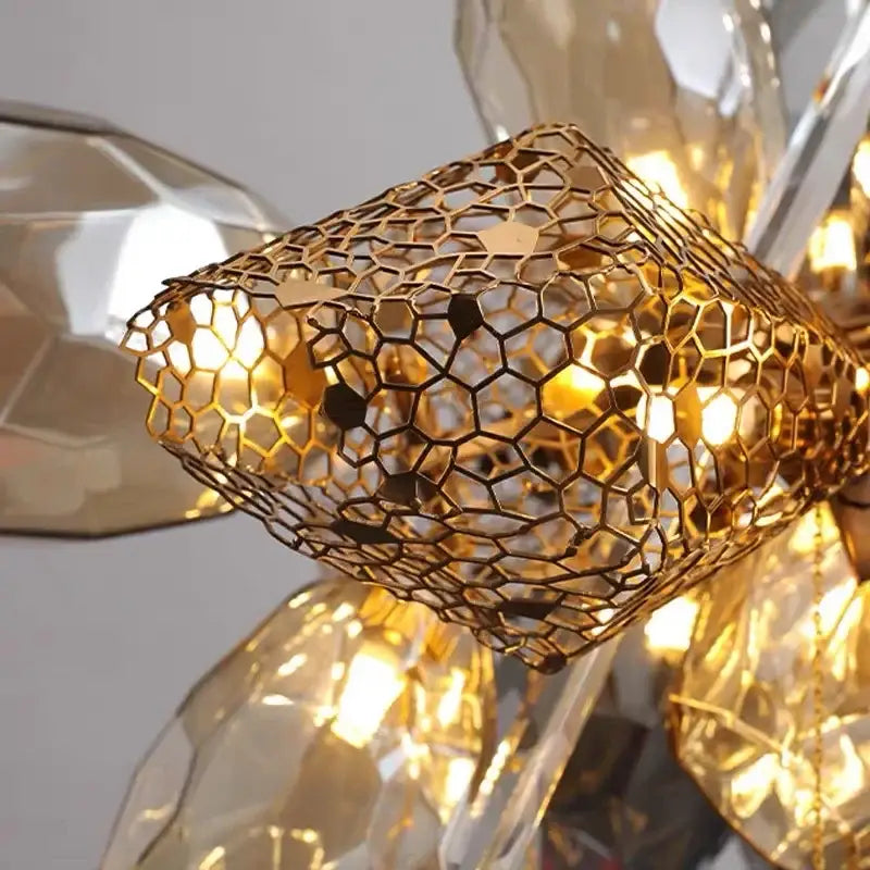 Modern gold decorbites crystal duplex chandelier component with honeycomb metal and faceted crystal accents