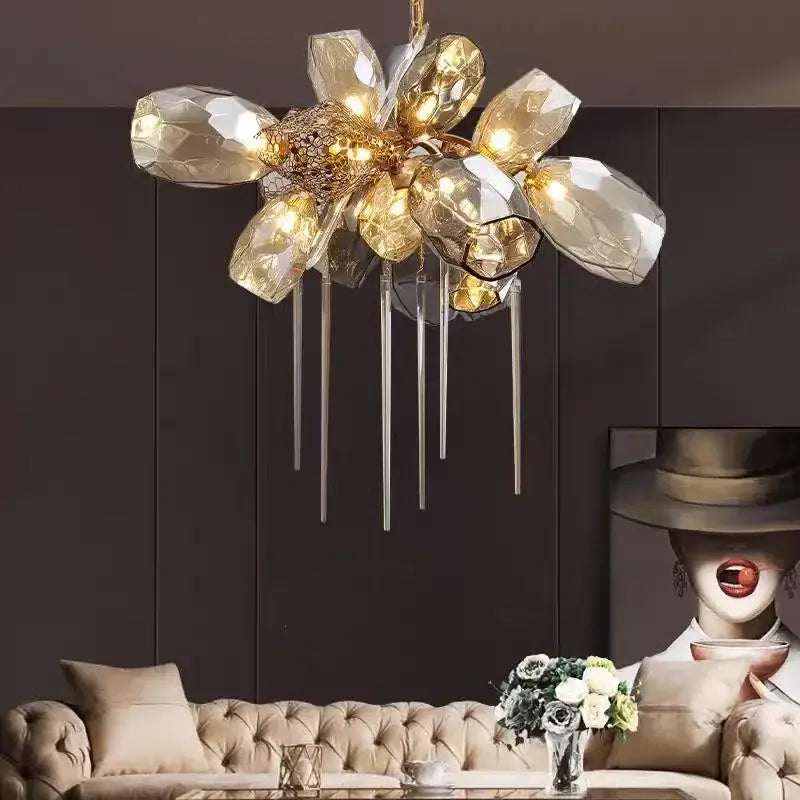 Modern gold decorbites crystal duplex chandelier with faceted petal glass elements and clear acrylic rods for living room light