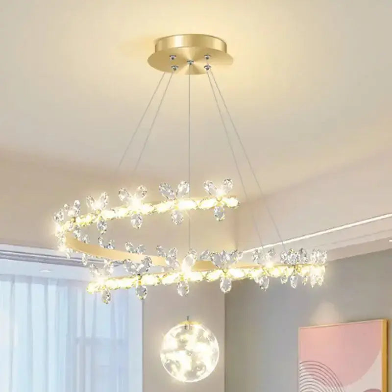 Modern gold decorbites crystal flower chandelier with gold-toned double rings sparkling crystal butterflies and led lighting
