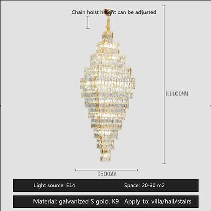 A modern gold decorbites crystal large tiered chandelier with clear prisms in galvanized gold and k9 frame for staircases