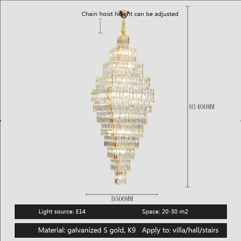 A modern gold decorbites crystal large tiered chandelier with clear prisms in galvanized gold and k9 frame for staircases