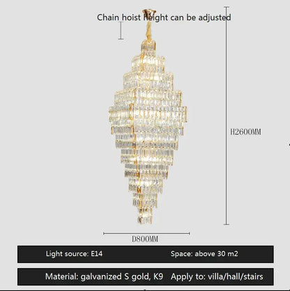 Modern gold decorbites crystal large chandelier with tiered cascading clear crystal prisms in a polished gold frame