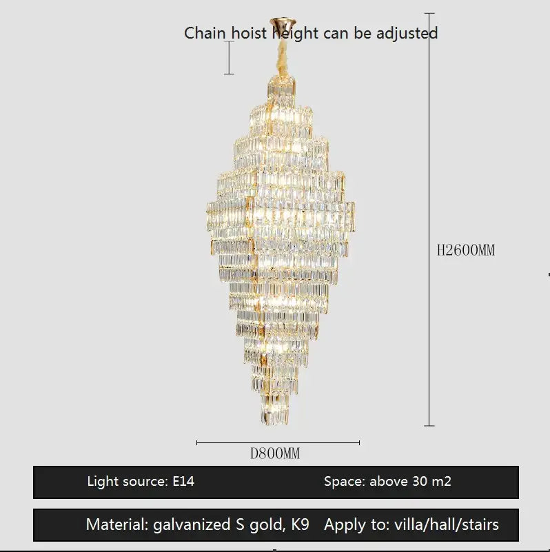 Modern gold decorbites crystal large chandelier with tiered cascading clear crystal prisms in a polished gold frame