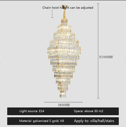 Modern gold decorbites crystal large chandelier with cascading clear crystal prisms in a k9 frame for staircase pendant light
