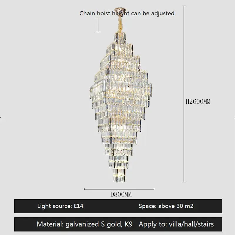 Modern gold decorbites crystal large chandelier with tiered design and adjustable chain hoist for staircase lighting