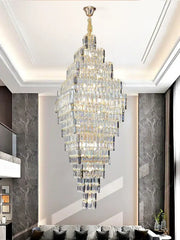 Modern gold decorbites crystal large chandelier with cascading clear glass prisms for elegant staircase pendant lighting
