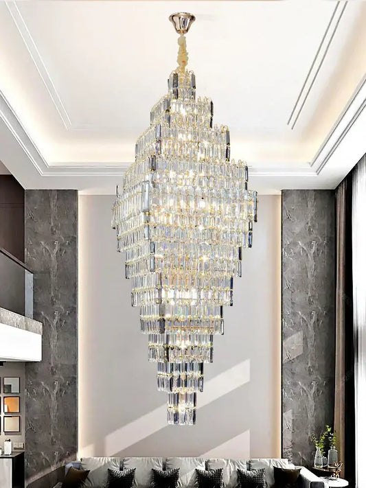 Modern gold decorbites crystal large chandelier with cascading clear glass prisms for elegant staircase pendant lighting