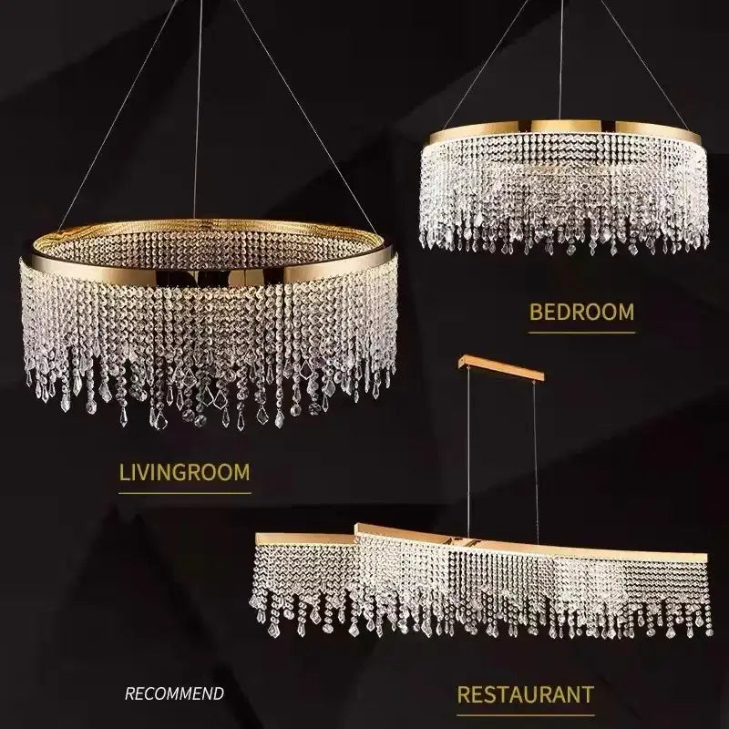 Modern gold decorbites crystal led chandelier with cascading clear droplets for living room bedroom or restaurant settings