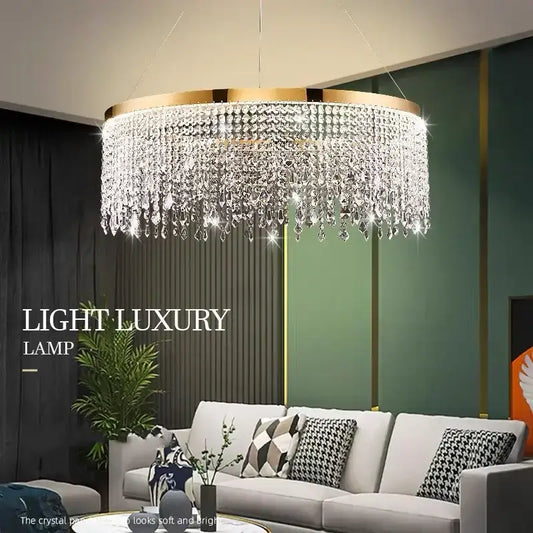 Modern gold decorbites crystal led circular chandelier with clear crystal droplets for dining room ceiling lighting