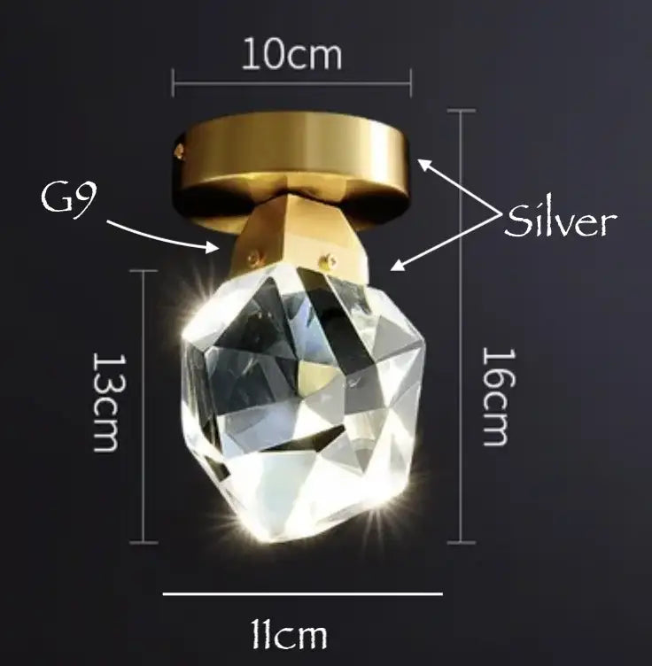 Modern gold decorbites crystal led ceiling light with faceted crystal pendant, gold-toned g9 base, and silver accents, 16cm tall
