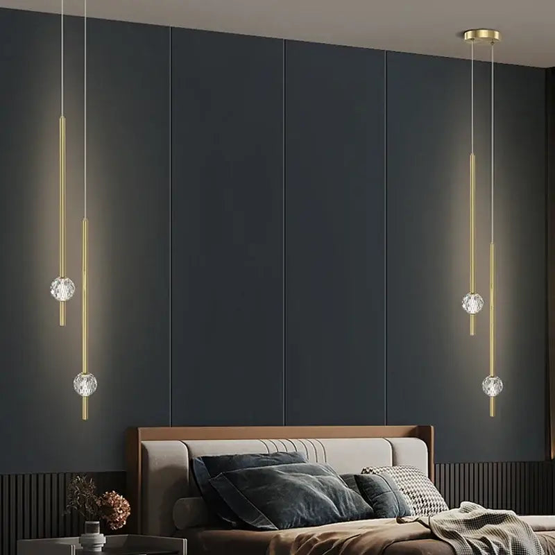Modern gold decorbites crystal led chandelier features gold-toned pendant lights with crystal spheres for elegant bedroom decor