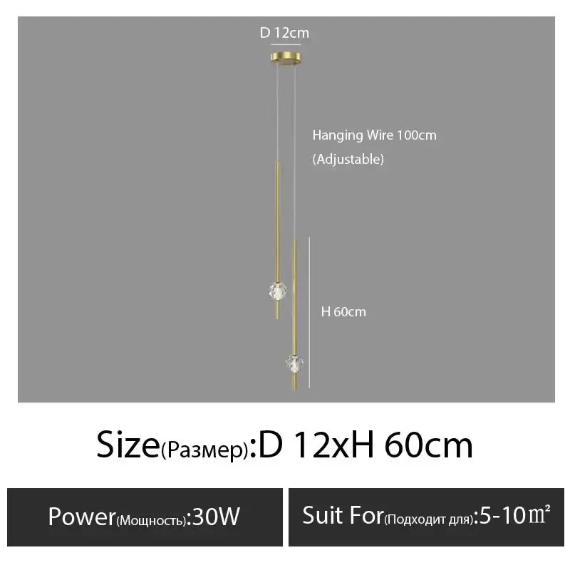 Modern gold decorbites crystal led chandelier pendant light with two crystal accents and adjustable hanging wire for bedroom