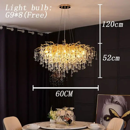 Modern gold decorbites crystal led chandelier featuring golden branch-style design with dangling crystal droplets for dining room light