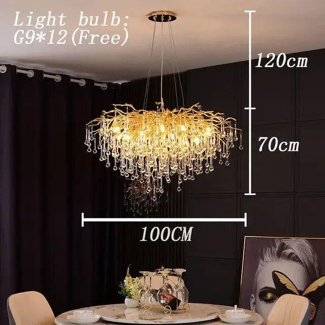 Modern gold decorbites crystal led chandelier featuring golden branch design with dangling crystal droplets for dining room light