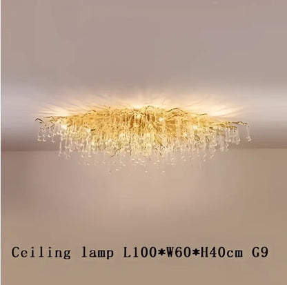 Modern gold decorbites crystal led chandelier with cascading glass droplets and warm glow for dining room light