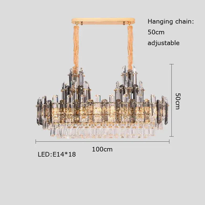 Modern gold decorbites crystal led chandelier with wooden top and cascading clear and smoky glass crystals for dining room