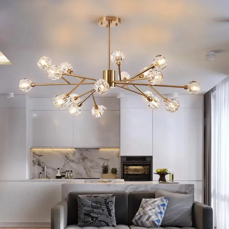 Modern gold decorbites crystal led chandelier with gold-toned frame and crystal globe bulbs for dining room lighting