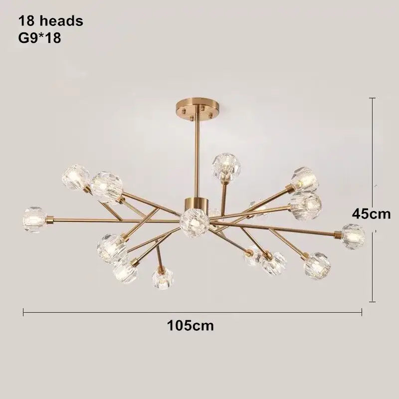 Modern gold decorbites crystal led chandelier with 18 crystal encased bulbs in a starburst design for dining room