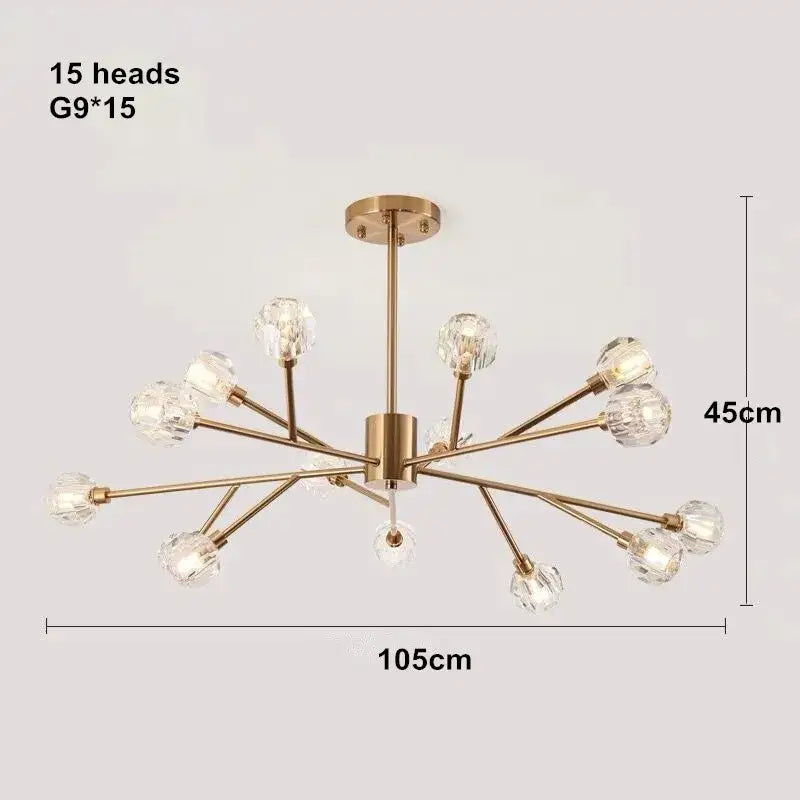 Modern gold decorbites crystal led chandelier with 15 crystal globe light fixtures for dining room lighting