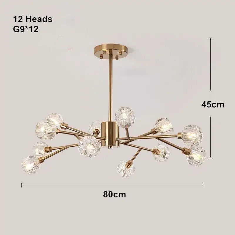 Modern gold decorbites crystal led chandelier with twelve crystal encased g9 bulbs in a branching design for dining room