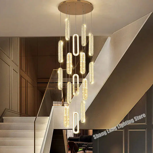 Modern gold decorbites crystal led chandelier with oval glass elements and circular mount for living room staircase lighting