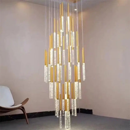 A modern decorbites crystal led chandelier with vertical gold and clear crystal rods for living room lighting