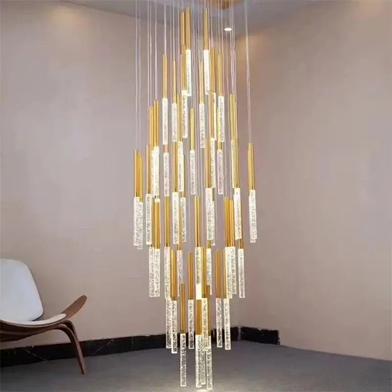 A modern decorbites crystal led chandelier with vertical gold and clear crystal rods for living room lighting
