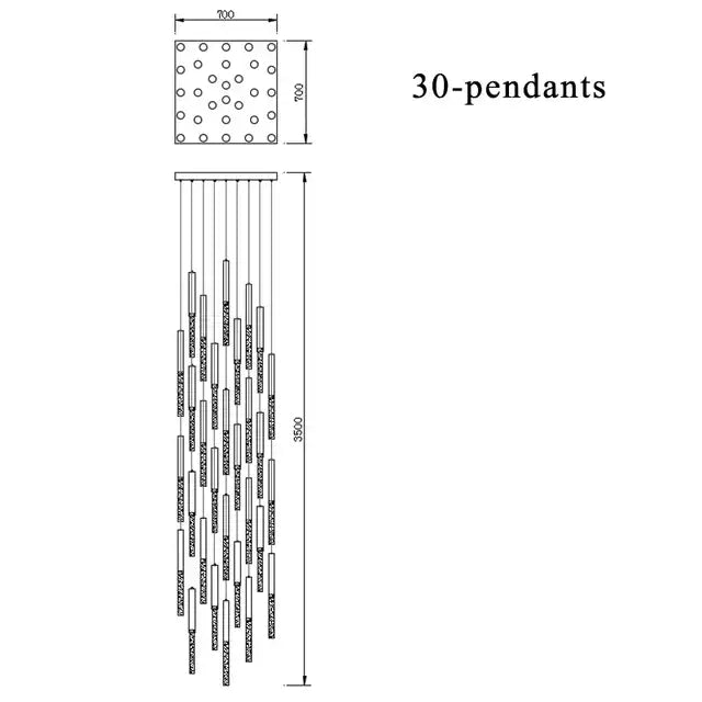 Modern gold decorbites crystal led chandelier with 30 pendants and cylindrical elements for living room lighting