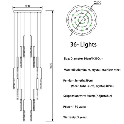 Modern gold decorbites crystal led chandelier with 36 lights, circular aluminum frame, crystal accents, and stainless steel components