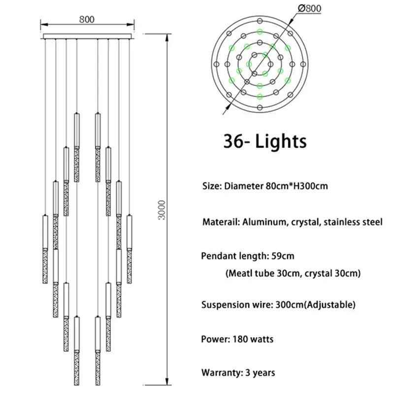 Modern gold decorbites crystal led chandelier with 36 lights, circular aluminum frame, crystal accents, and stainless steel components