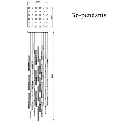Modern gold decorbites crystal led chandelier with 36 cylindrical pendants in an 800mm square grid for elegant living room lighting