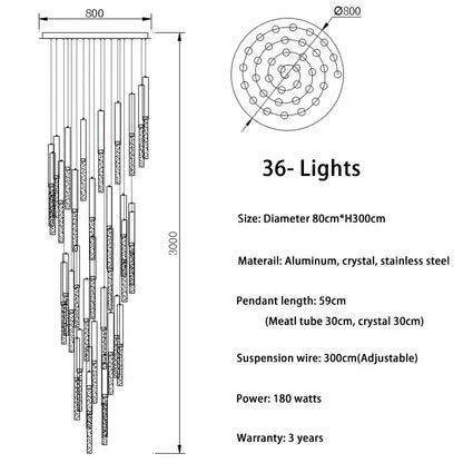 Modern gold decorbites crystal led chandelier with 36 lights, circular aluminum top, crystal accents, and stainless steel components