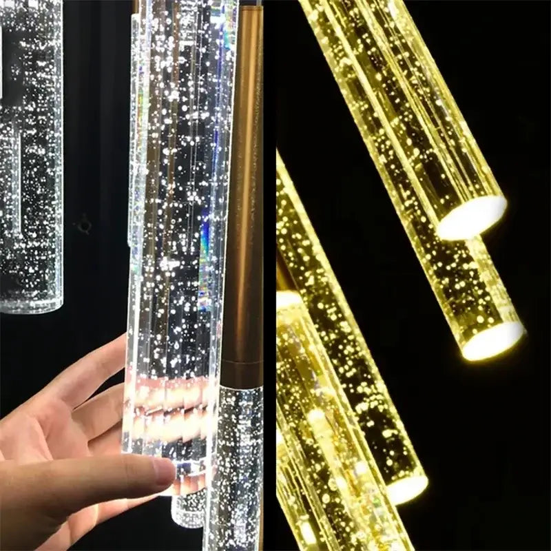 Modern gold decorbites crystal led chandelier featuring clear gold cylindrical design with embedded sparkling bubbles for living room lighting
