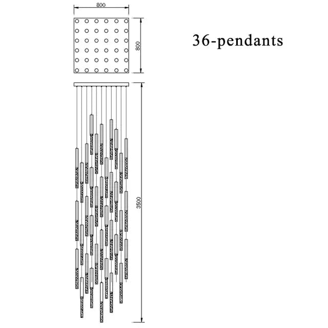 Modern gold decorbites crystal led chandelier with 36 cylindrical pendants and square grid for staircase or living room use
