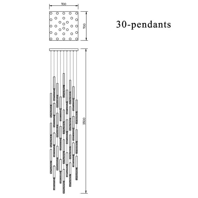 Modern gold decorbites crystal led chandelier with 30 hanging pendants in grid pattern for staircase or living room