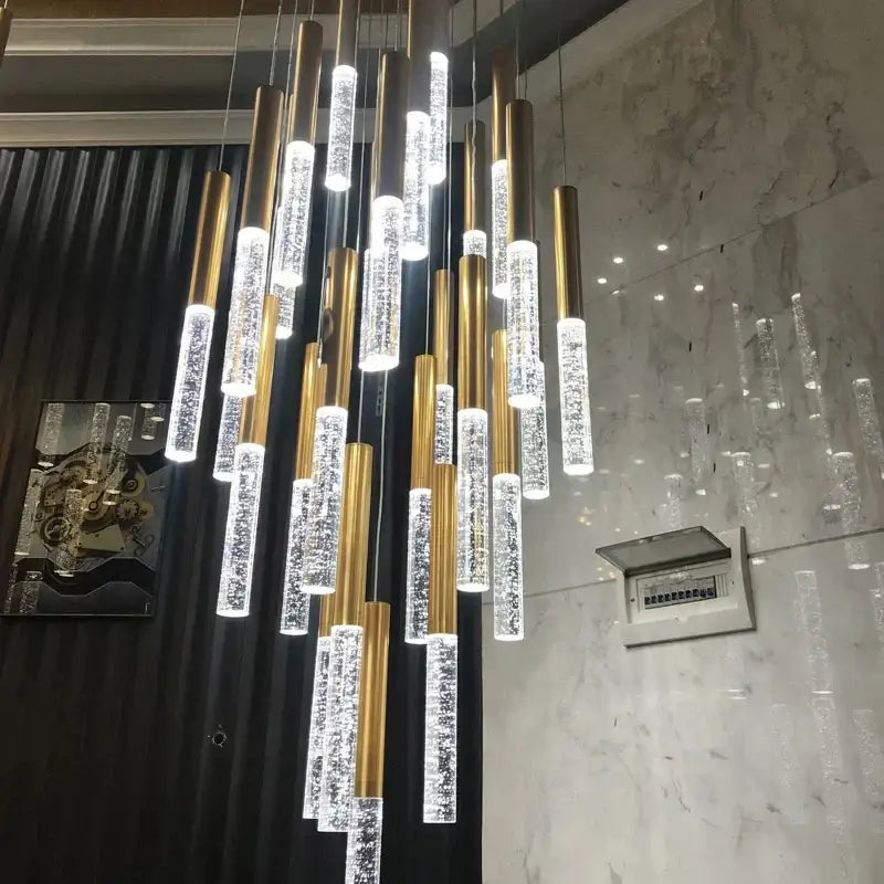 Modern gold decorbites crystal led chandelier with cylindrical glass tubes and internal lighting for staircase or living room
