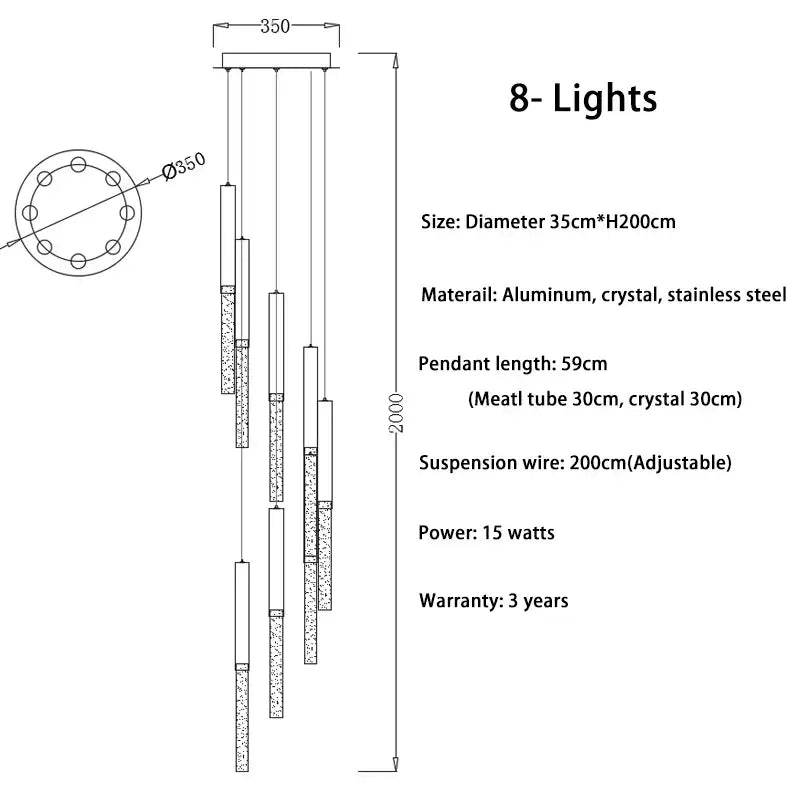 Modern gold decorbites crystal led eight-light chandelier with aluminum and stainless steel for staircase living room lighting