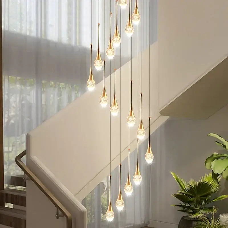 Modern gold decorbites crystal led pendant chandelier with teardrop glass shades for staircase lighting