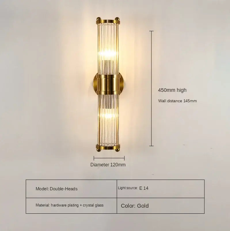 Modern gold decorbites crystal led wall lights featuring double-headed sconces with vertical crystal glass rods