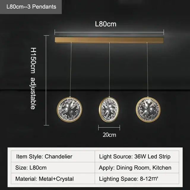 Modern gold decorbites crystal pendant chandelier with three hanging crystal pendants for dining room lighting