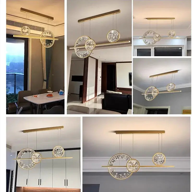 Modern gold decorbites crystal pendant chandelier with circular clock face design and crystal accents for dining room lighting
