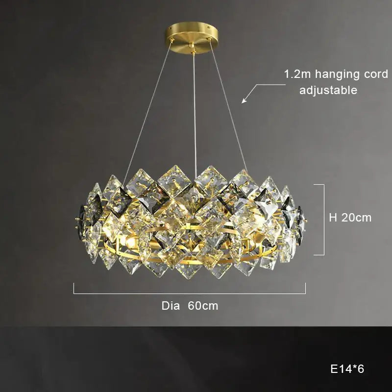 Modern gold decorbites crystal round chandelier with faceted crystals in overlapping diamond shapes for dining room lighting