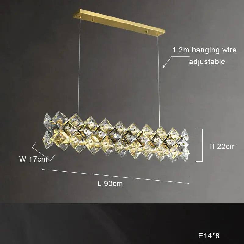 Modern gold decorbites crystal round chandelier features a gold-toned rectangular frame with faceted crystal elements