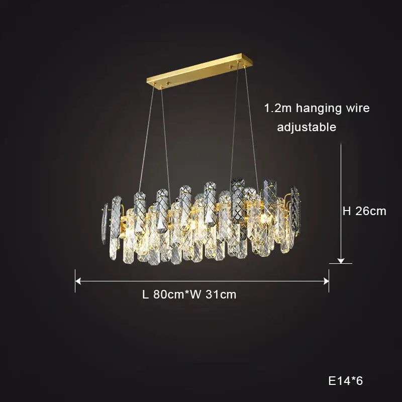 Modern gold decorbites crystal round chandelier with gold-toned frame and clear black crystal prisms for dining room light