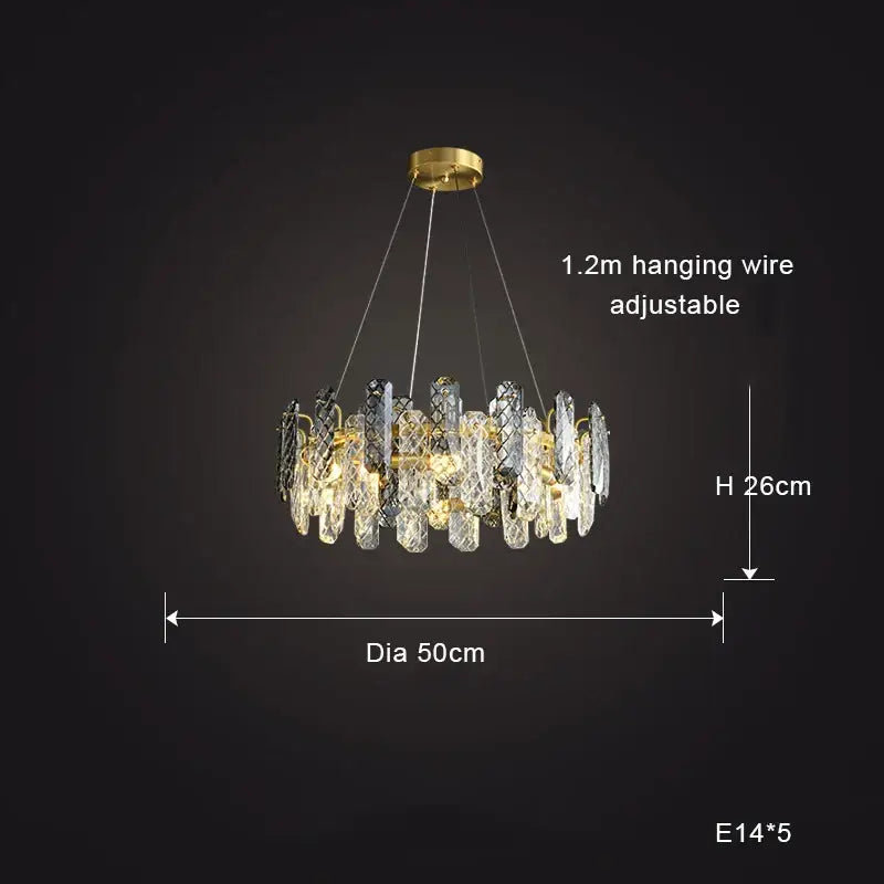 Modern gold decorbites crystal round chandelier with clear crystal prisms and gold-toned metal frame for dining room lighting