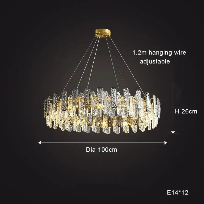 A modern gold decorbites crystal round chandelier with clear crystal prisms for dining room lighting