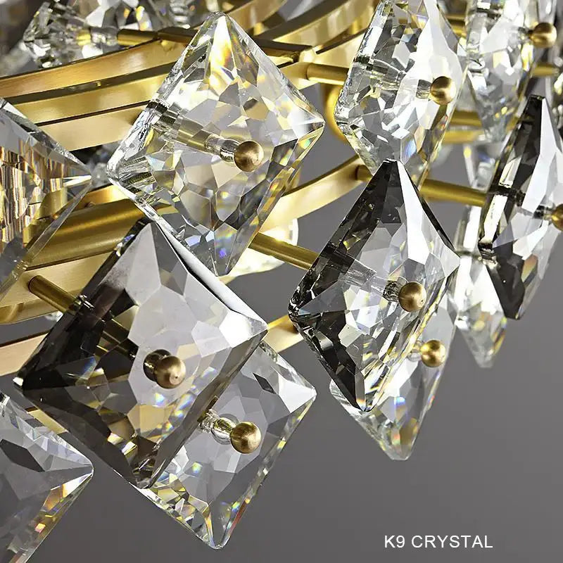 Modern gold decorbites crystal round chandelier with faceted clear and dark k9 crystal prisms for dining room lighting